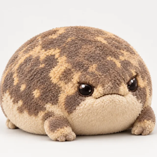 Plüschfrosch im Muster des echten Wüsten-Regenfroschs, braun mit goldenen Flecken, heller Bauch, grummeliger Blick