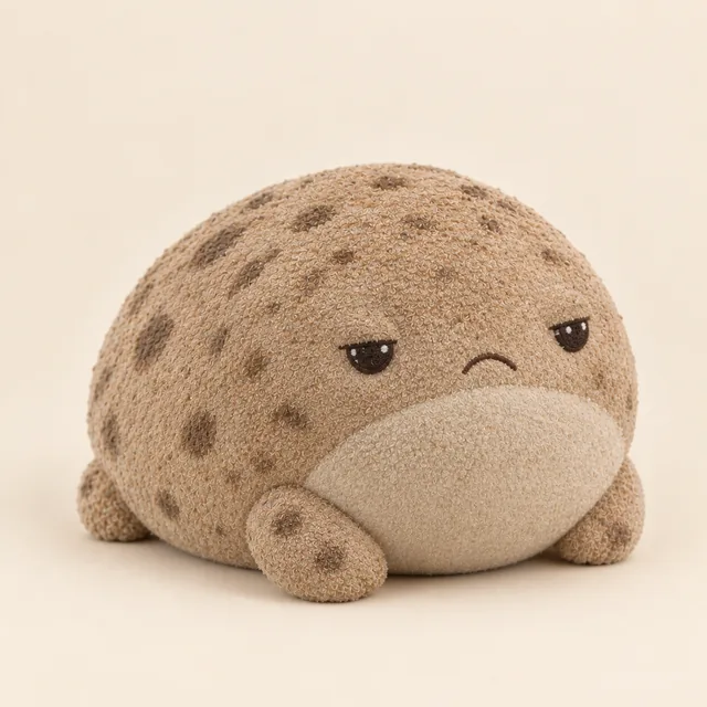 Plüschfrosch aus körnigem, sandartigem Stoff mit müdem Blick