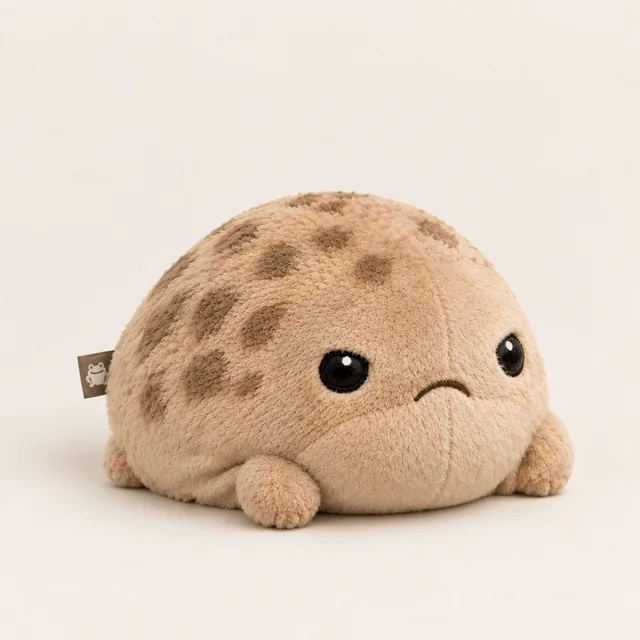 Flacher, flauschiger Plüschfrosch mit großen schwarzen Augen und beleidigtem Mund