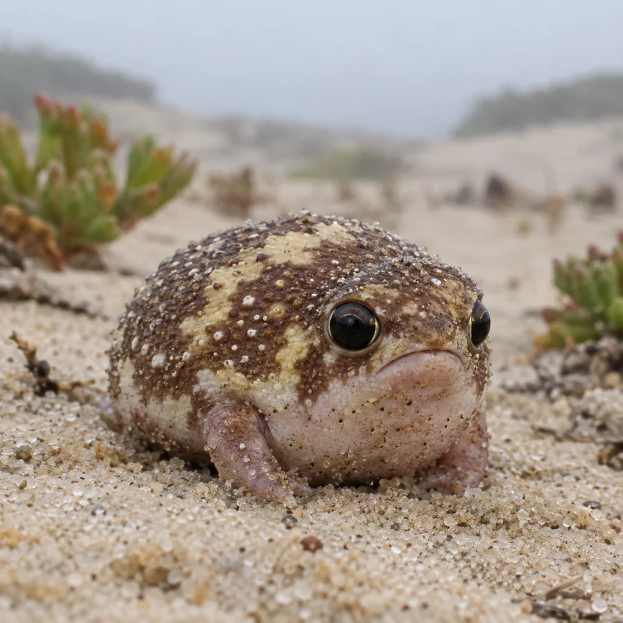 Wüsten-Regenfrosch halb eingegraben im Dünensand, im Hintergrund Nebel und kleine Sukkulenten